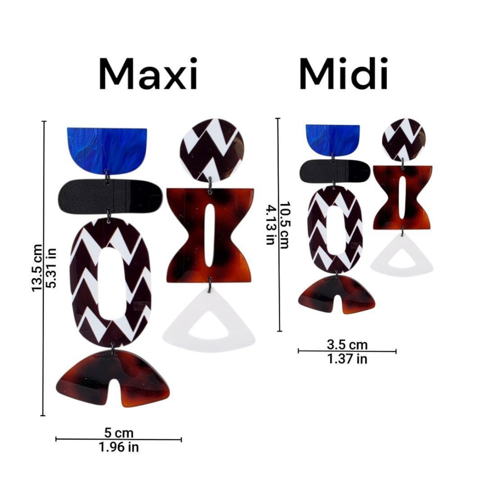 Brincos geométricos assimétricos multicoloridos com formas variadas mostrando medidas em centímetros e polegadas