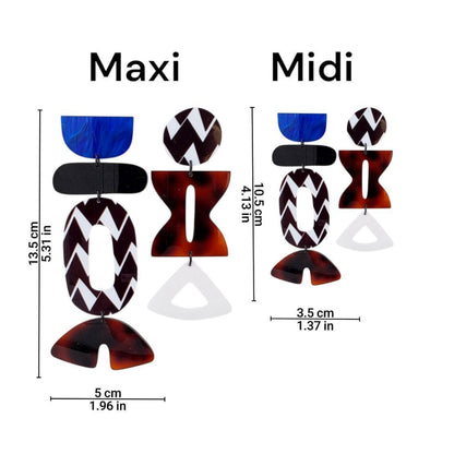 Brincos geométricos assimétricos multicoloridos com formas variadas mostrando medidas em centímetros e polegadas