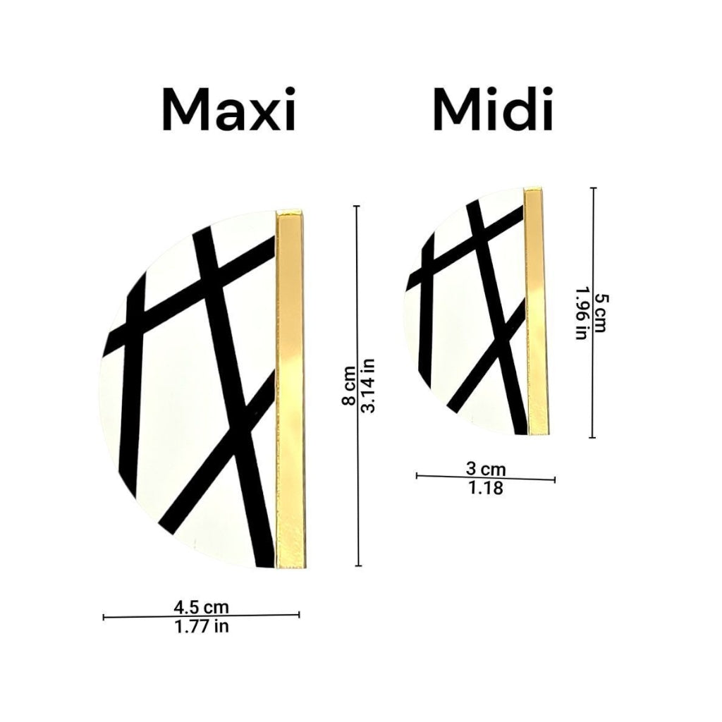 Brincos redondos brancos com linhas pretas e faixa dourada mostrando medidas em centímetros e polegadas