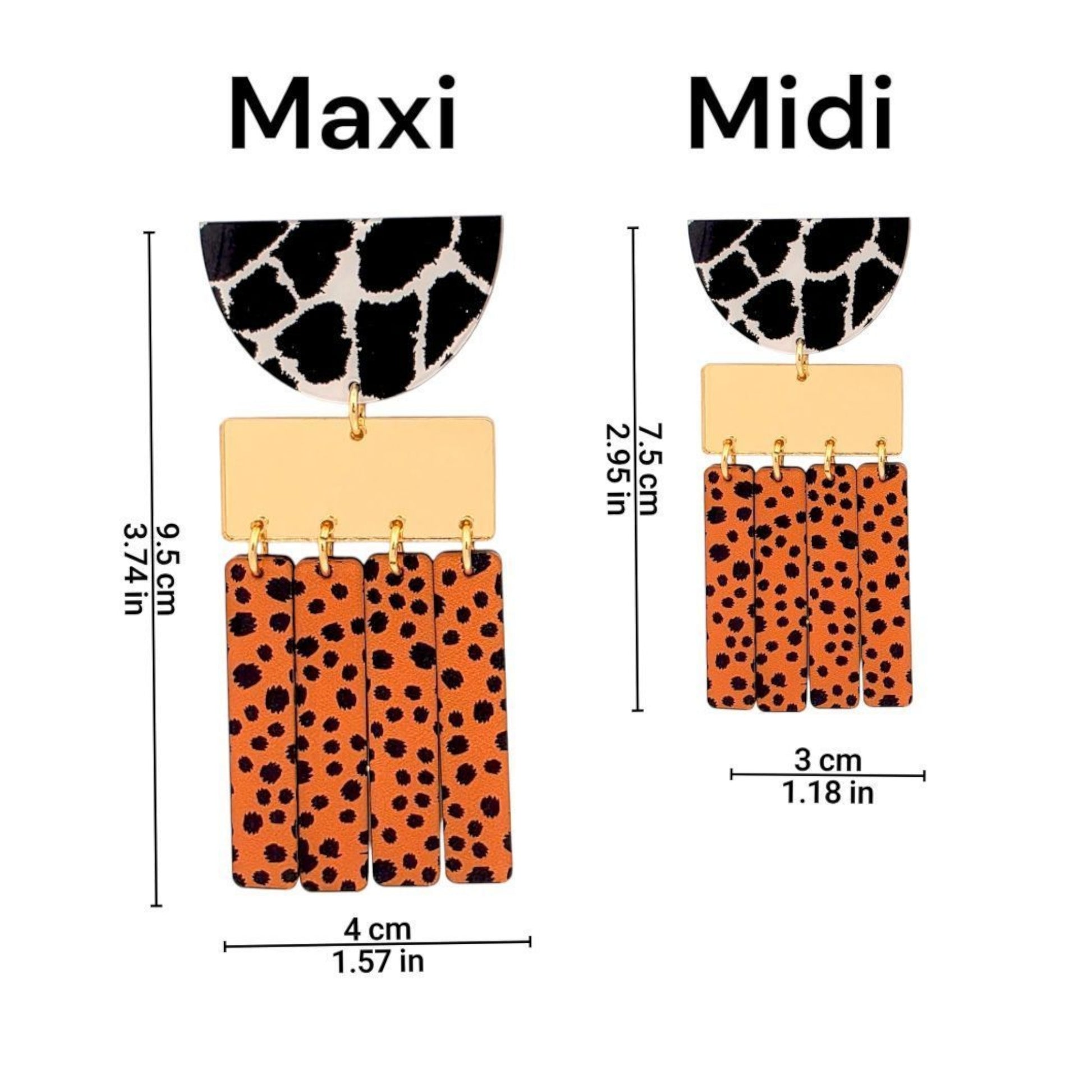 Brincos geométricos com mix de estampas animal print e detalhes dourados mostrando medidas em centímetros e polegadas