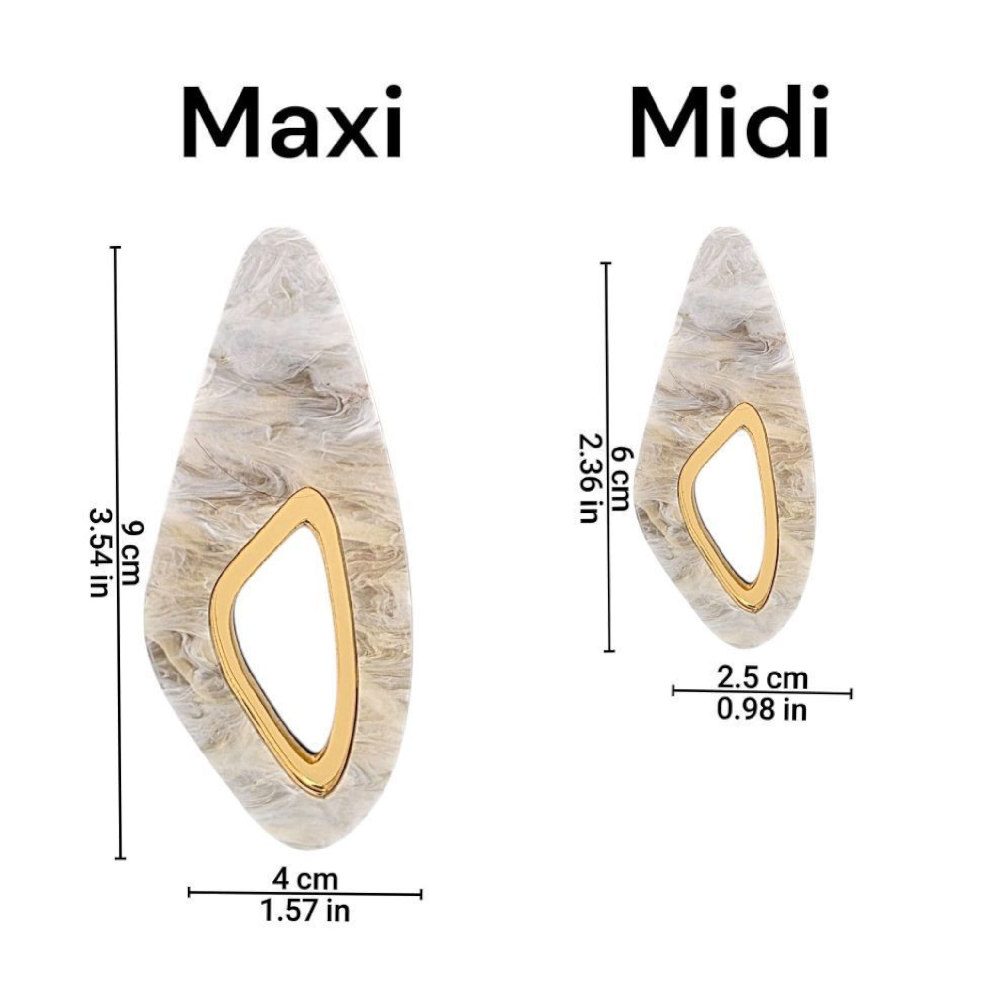 Brincos alongados com detalhe vazado dourado e base marmorizada, mostrando medidas em centímetros e polegadas