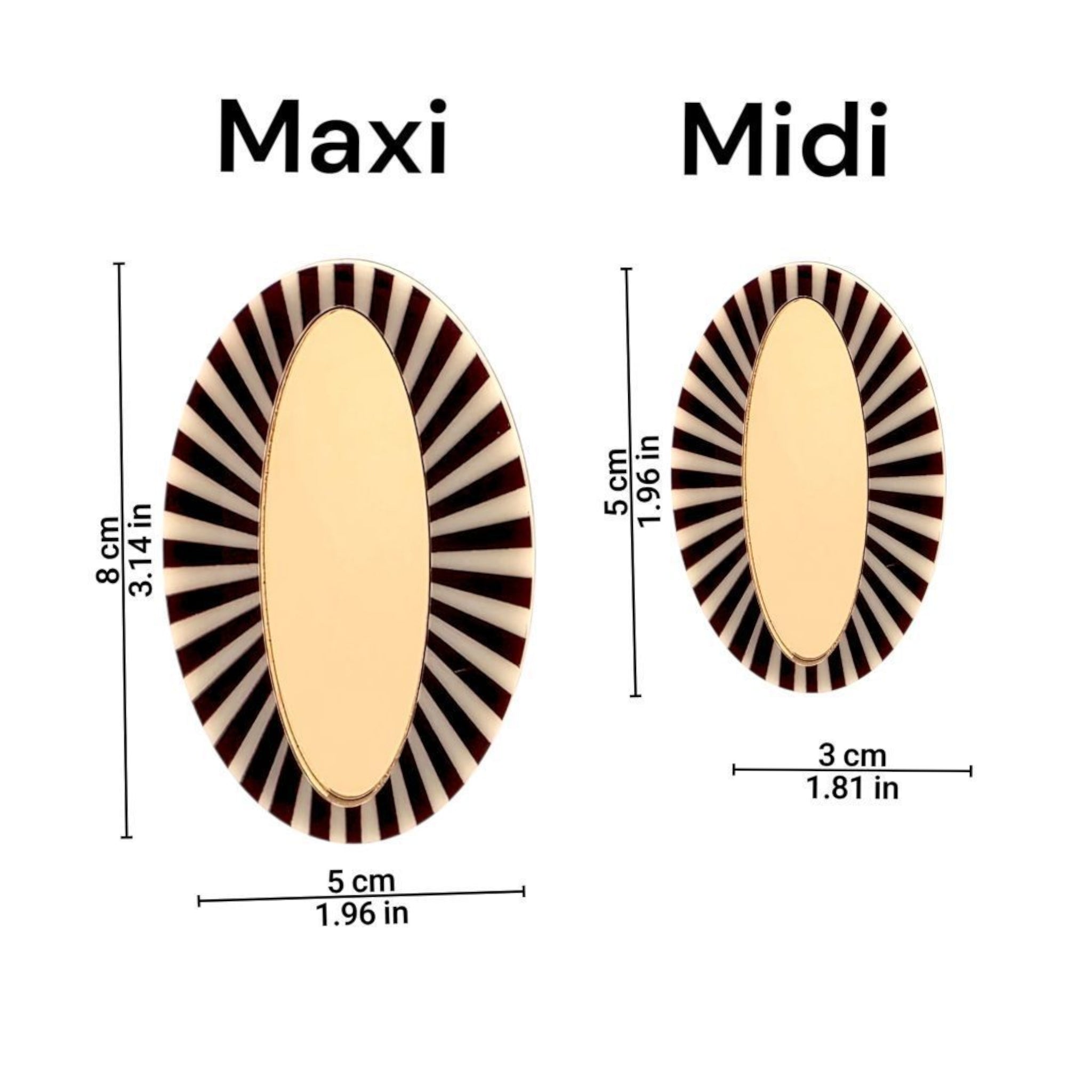 Brincos ovais dourados com borda listrada preta e branca nos tamanhos Maxi e Midi com medidas em centímetros e polegadas