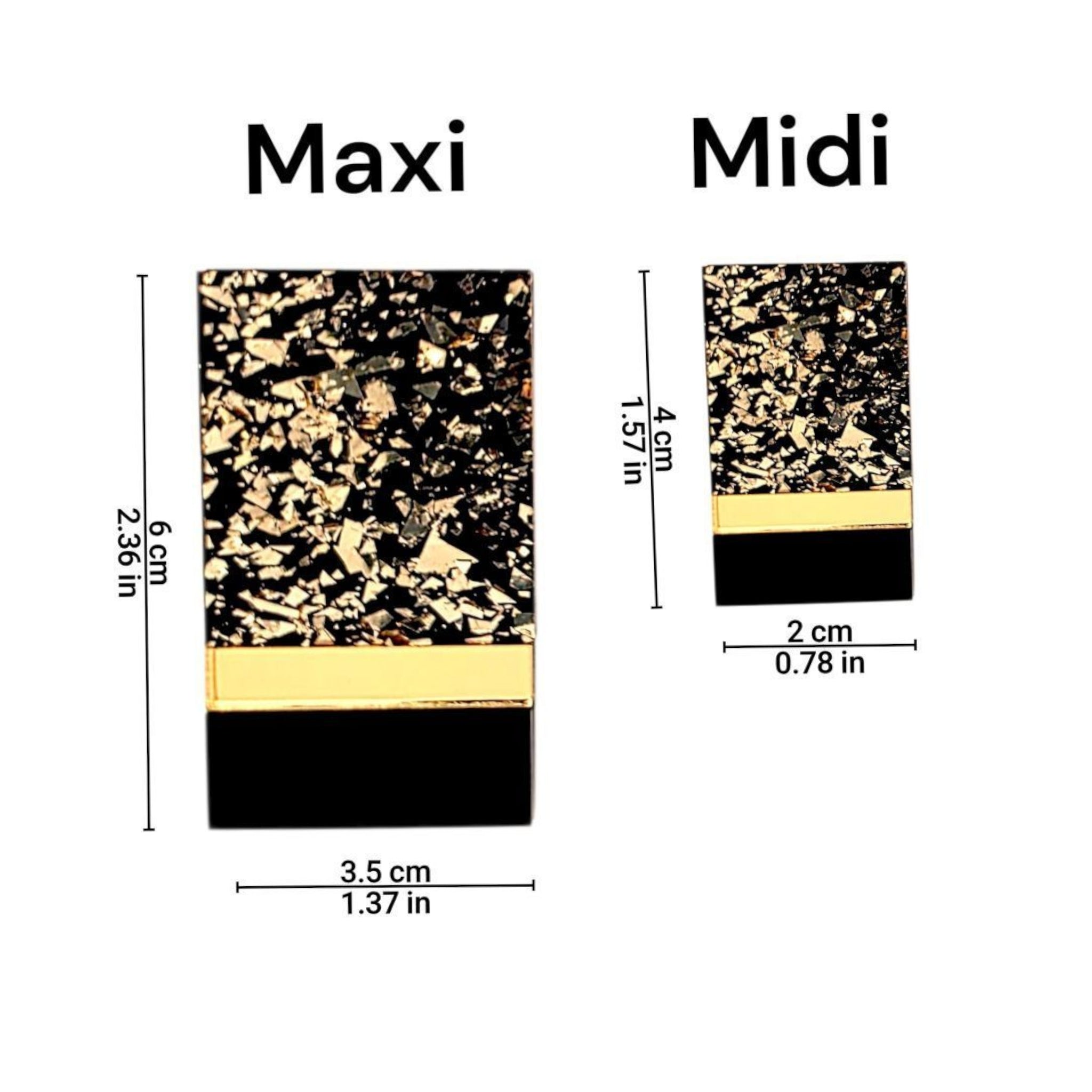 Brincos retangulares preto e dourado marmorizado mostrando medidas em centímetros e polegadas